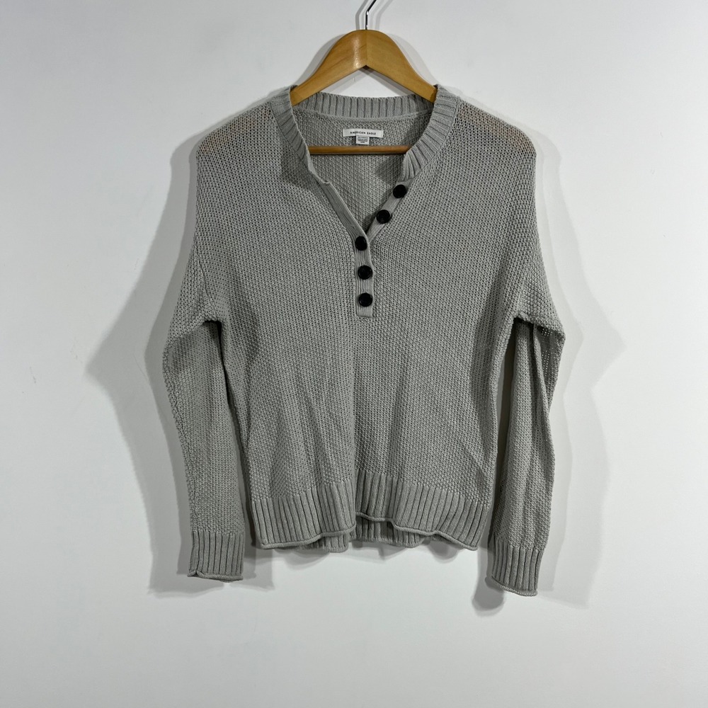 American Eagle Indie Grunge Y2K Henley Sweater Cotton Open Knit Women XS Granola